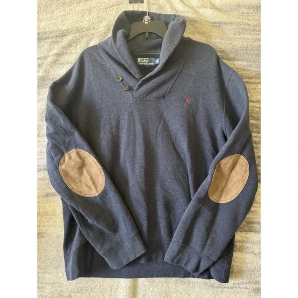Polo by Ralph Lauren Navy Shawl Collar Pullover with Brown Elbow Patches